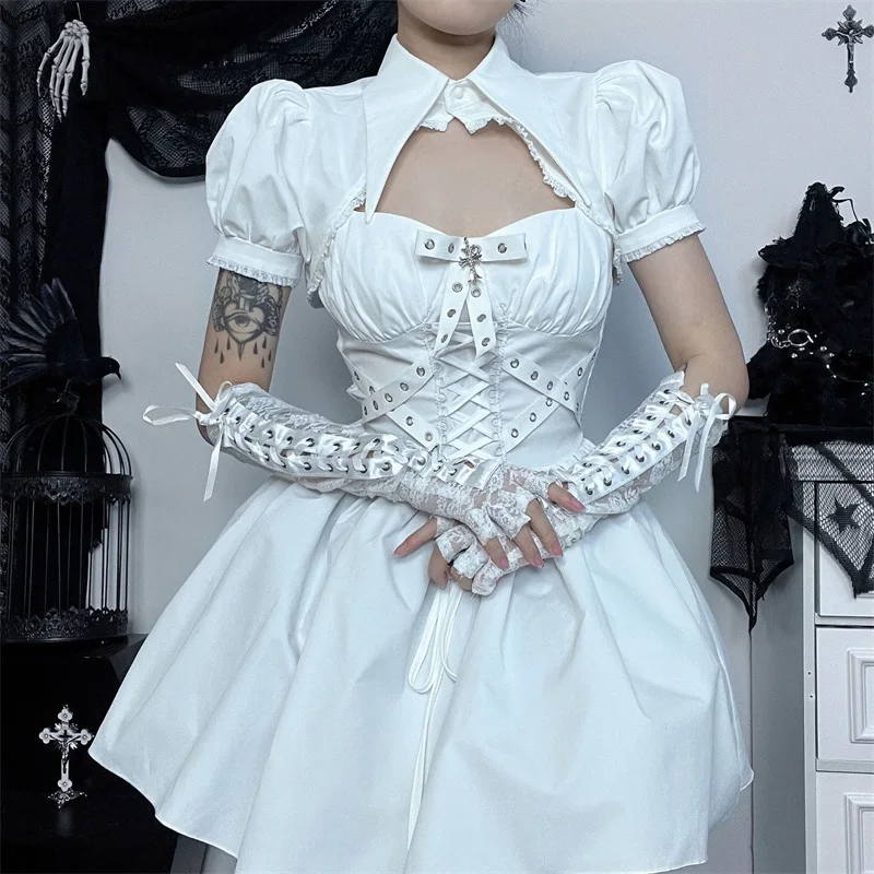 

Summer White Polo Collar Bubble Sleeves Party Dress Spicy Maid Cosplay Hoodie Set Punk Strap Bow Waist Lolita Asian Skirt