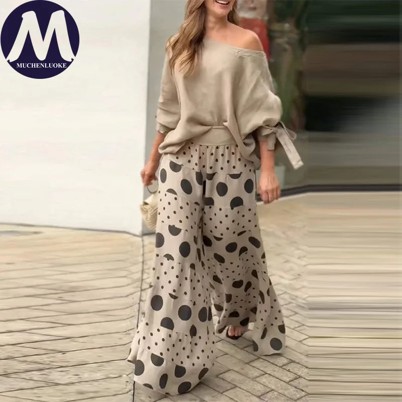 

2 Pieces Set for Woman Summer New Elegant Long Sleeves Slanted Collar Off Shoulder Tops Suits Fashionable Casual Loose Pant Sets