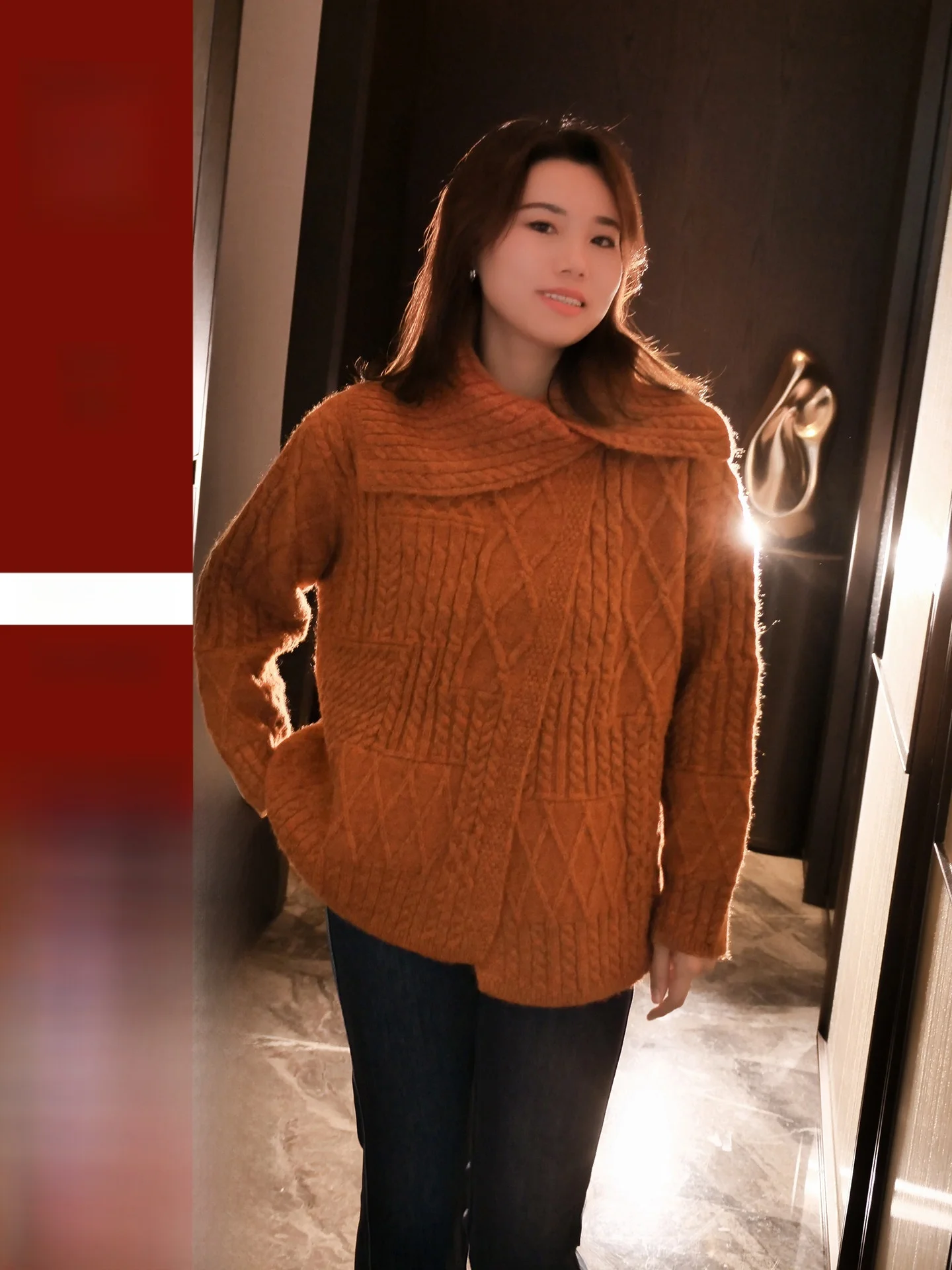 

Свободный вязаный джемпер Aosphere с отложным воротником и длинными рукавами для женщин: комфортный зимний повседневный топ