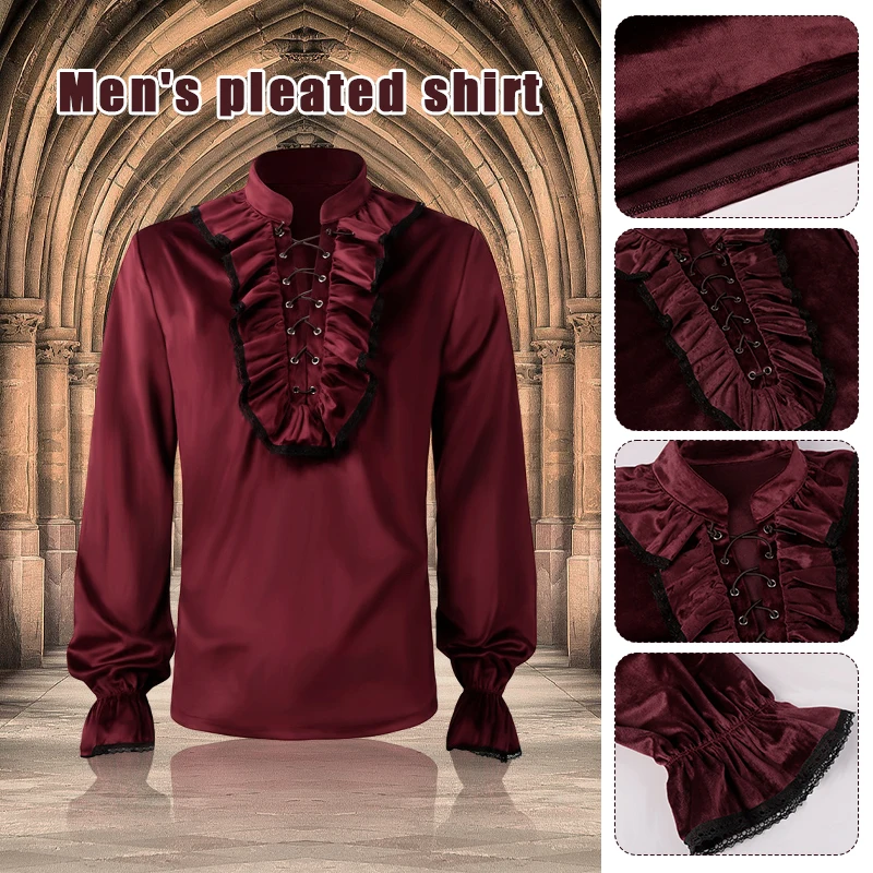 

Men Thick Velvet Medieval Shirt Steampunk Victorian Vampire Costume Performance Noble Pirate Ruffled Sexy Nightclub Party Shirt