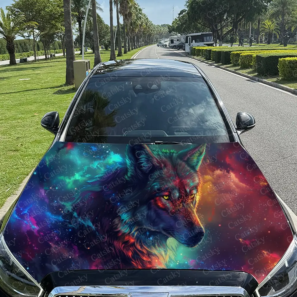 

Cosmic Wolf with Neon Nebula Car Hood Stickers - Self-Adhesive, Waterproof and Durable Vinyl Wrap, Decorate And Protect Your Car