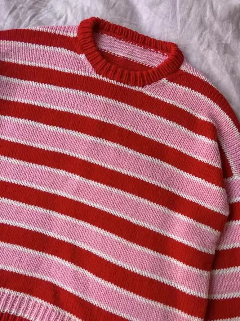 Striped round neck loose lazy pullover, comfortable and soft mohair hand woven sweater for , spring and autumn new style