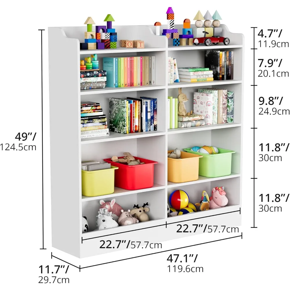 Rak buku anak-anak 5 tingkat, 10 Cubbies Organizer penyimpanan mainan anak-anak, lemari penyimpanan rak buku balita untuk ruang bermain, kamar tidur, kamar anak-anak