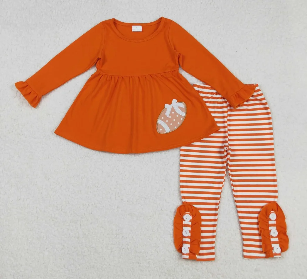 

Baby Girls Embroidery Orange Football Team Long Sleeve Tunic Top with Stripes Leggings Set Baby Outfit Team Sports Theme