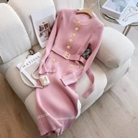 YuooMuoo 2025 Autumn Winter Women Knitted Dress Brand Fashion O-neck Buttons Bodycon Sweater Dress with Belt Lady Office Dress - Image 2