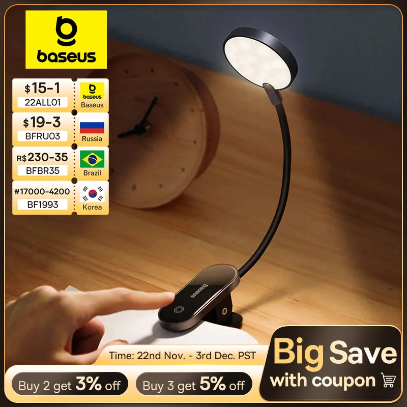 Baseus LED Clip Table Lamp Stepless Dimmable Wireless Desk Lamp Touch USB Rechargeable Reading Light LED Night Light Laptop Lamp