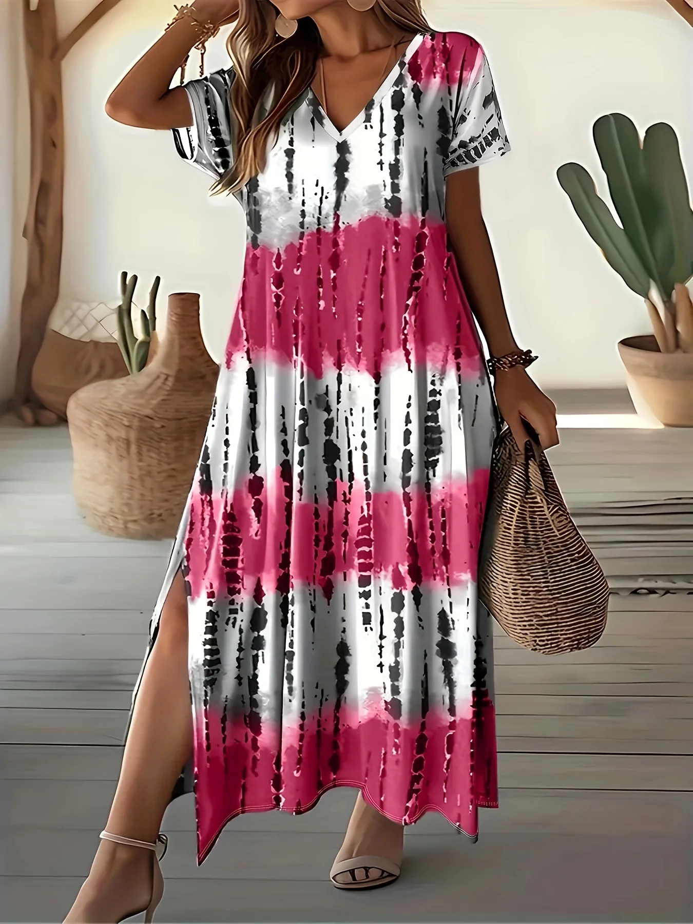 Dresses Woman Summer Long Boho Dress Short Sleeve with 3d Print Holiday Maxi V Neck Casual Loose Skirt Summer New Beach Clothing