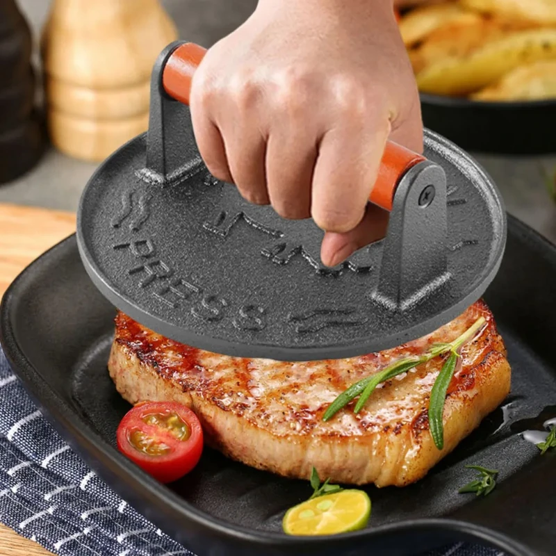 

Сверхмощный чугунный пресс для гамбургеров, круглая форма для мяса для идеальных гамбургеров и мясных гамбургеров, необходимый кухонный доступ