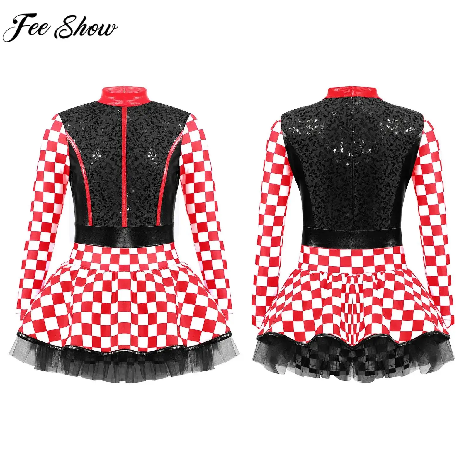 Girls Halloween Racer Driver Cosplay Costume Long Sleeve Checkerboard Sequin Racing Car Leotard Dress for Theme Party Carnival