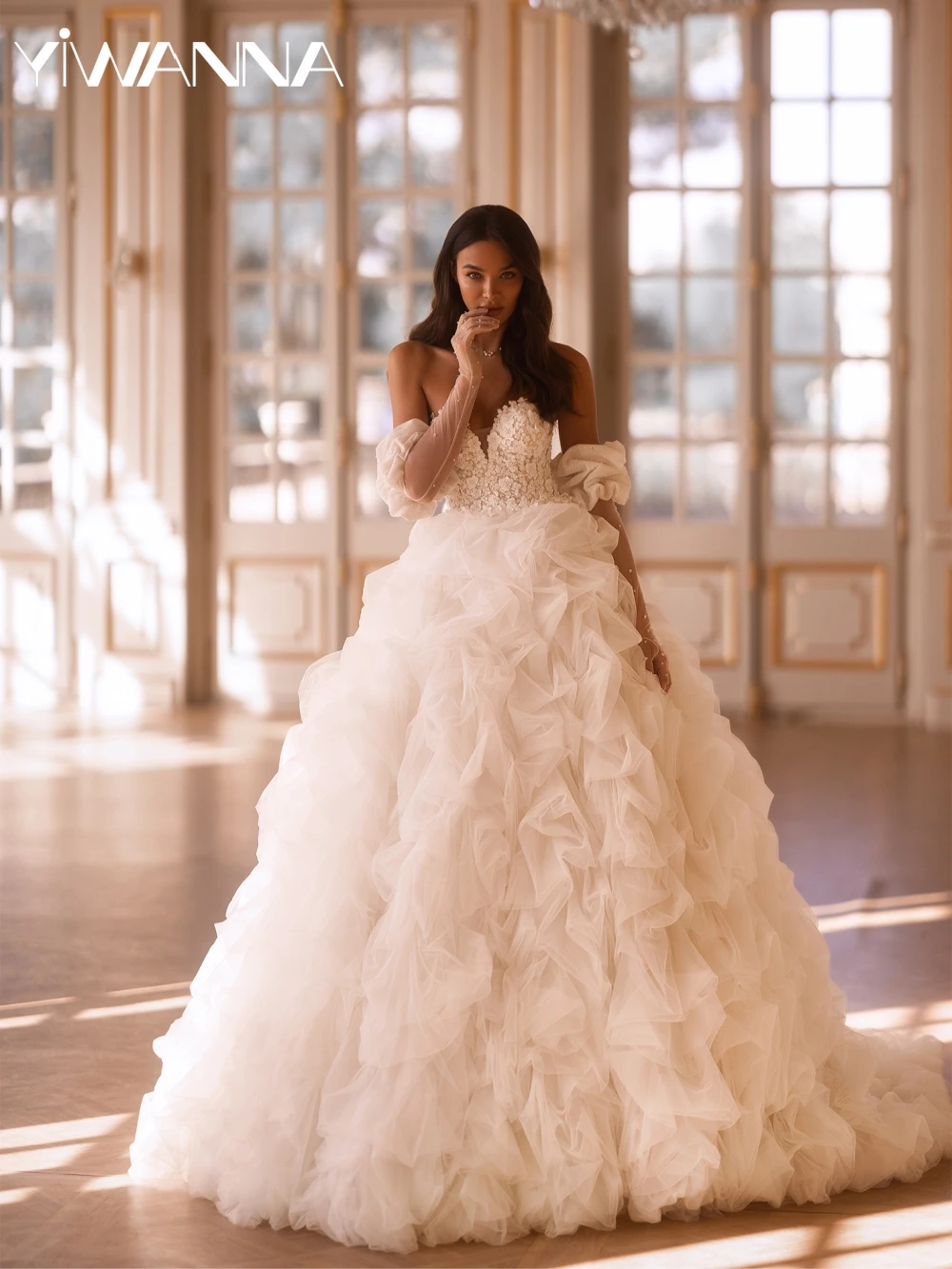

Ruffled Pearls Lace Appliques A-line Tulle Wedding Dress Without Gloves Sweetheart Neck Bridal Gown Customized Dresses For Bride