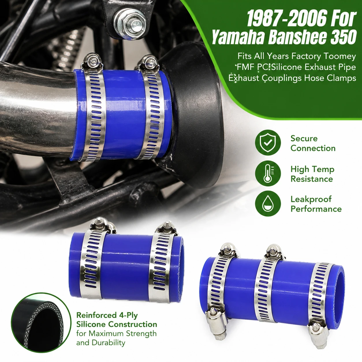 1987-2006 For Yamaha Banshee 350 Fits All Years Factory Toomey FMF PC Silicone Exhaust Pipe Exhaust Couplings Hose Clamps