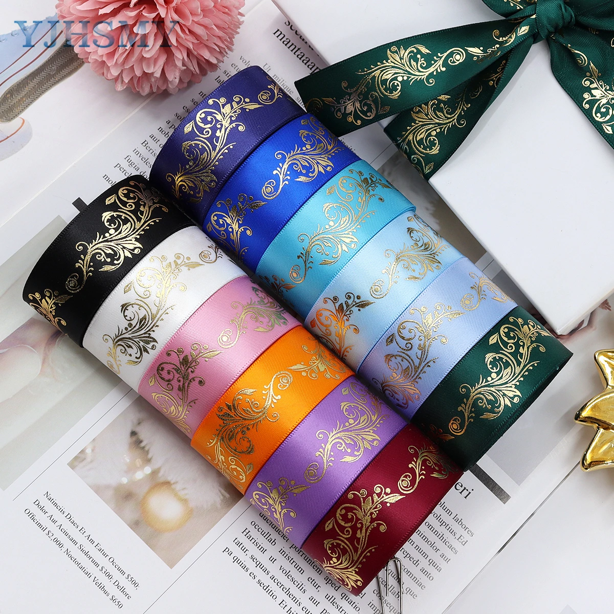 1 inch Gold Foil Satin Ribbon Printed Flower for DIY Craft Gift Wrapping Wedding Birthday Holiday Party Decoration 5 Yards