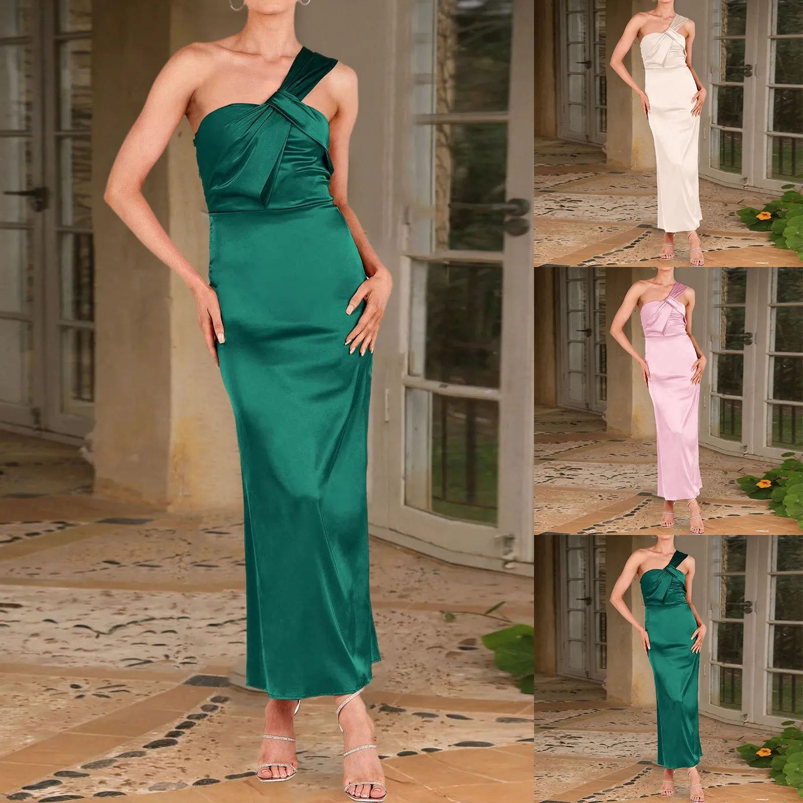 

Women's Satin One Shoulder Wedding Guest Bodycon Dress Cocktail Evening Party Maxi Dresses Backless Robe Femme