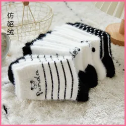 Winter Warm Thick Floor Sleep Socks Set Cute Cartoon Panda Socks for Women Kawai Thermal Fluffy Girl Middle Tube Socks