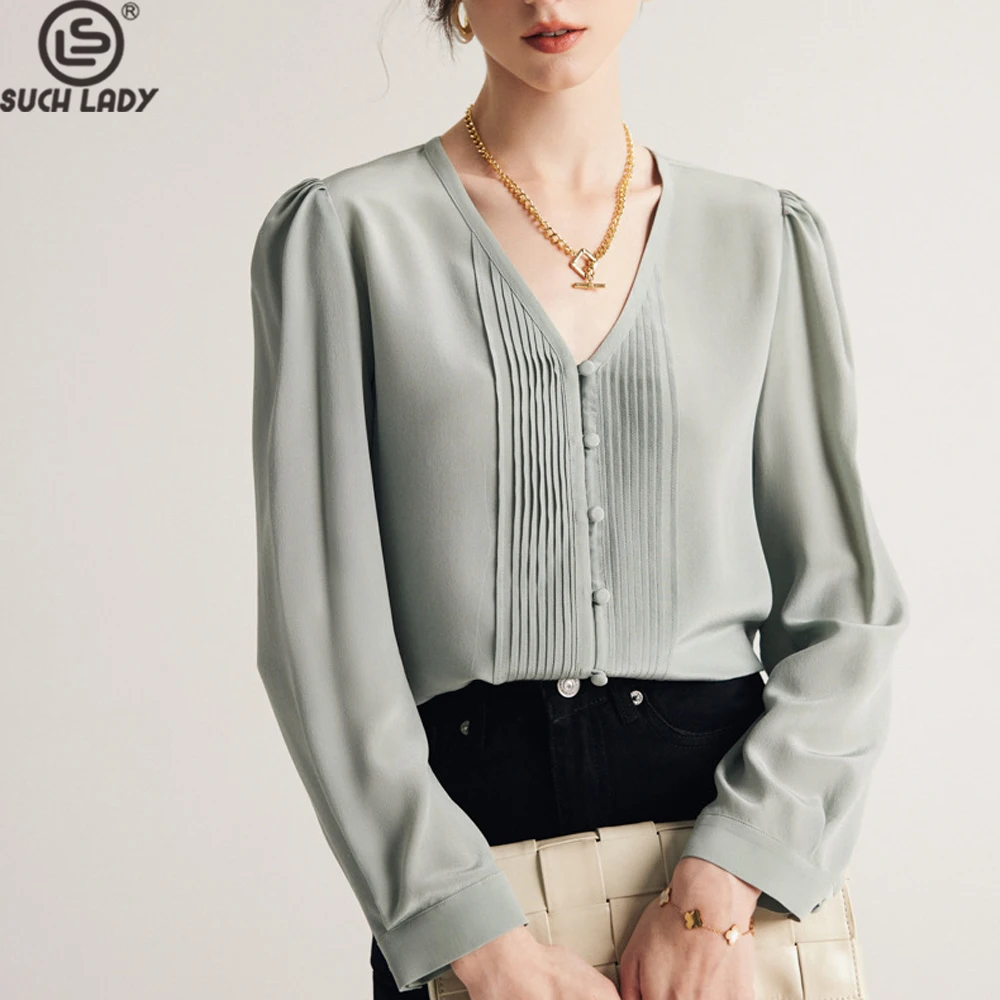 

100% Natural Silk Women's Shirt Sexy V Neck Long Sleeves Pleated Elegant Fashion Blouse Tops