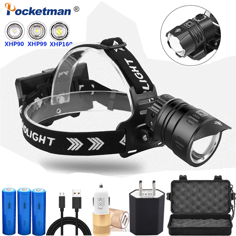 

High Power XHP160 Led Headlamp XHP90.2 Headlight Head Lamp Lantern Zoomable Front Torch with Warning Light