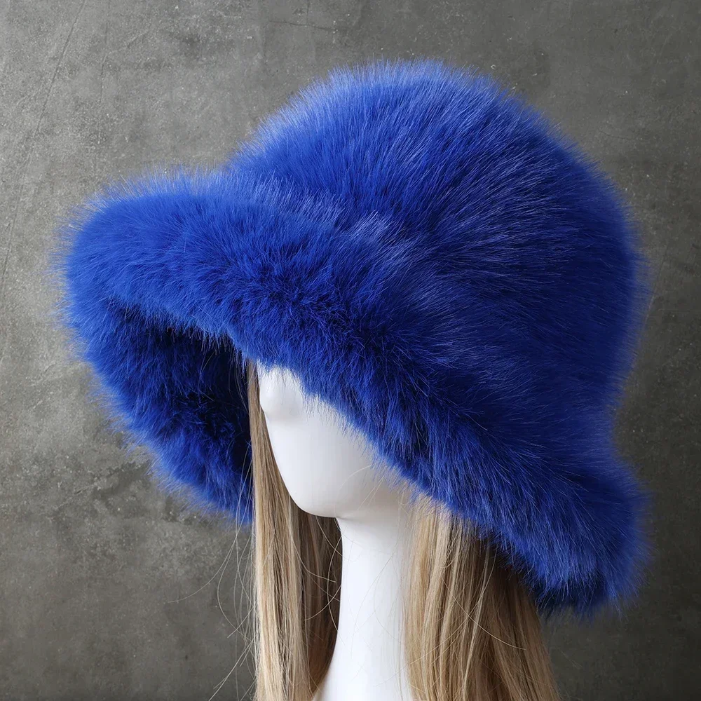 2334 Faux Fur Bucket Hat for Winter Fuzzy Fluffy Warm Fisherman CapBlue Women main image 2
