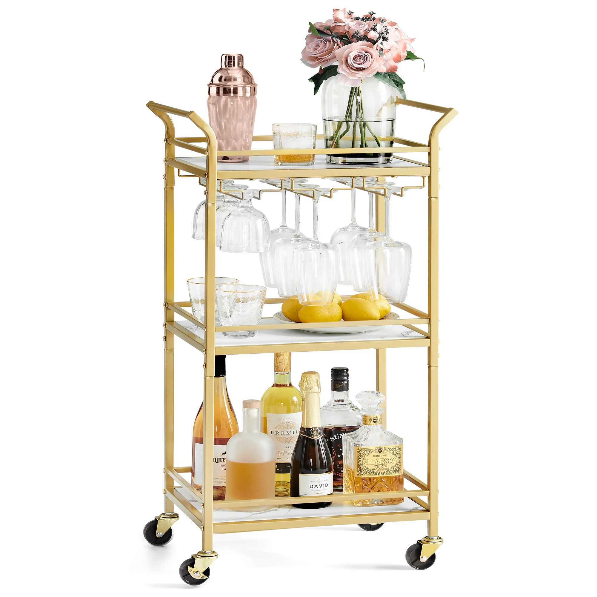 

VASAGLE Bar Cart, Home Bar Serving Cart, Small Bar Cart with 3-Tier Shelf, Wine Holders, Glass Holders