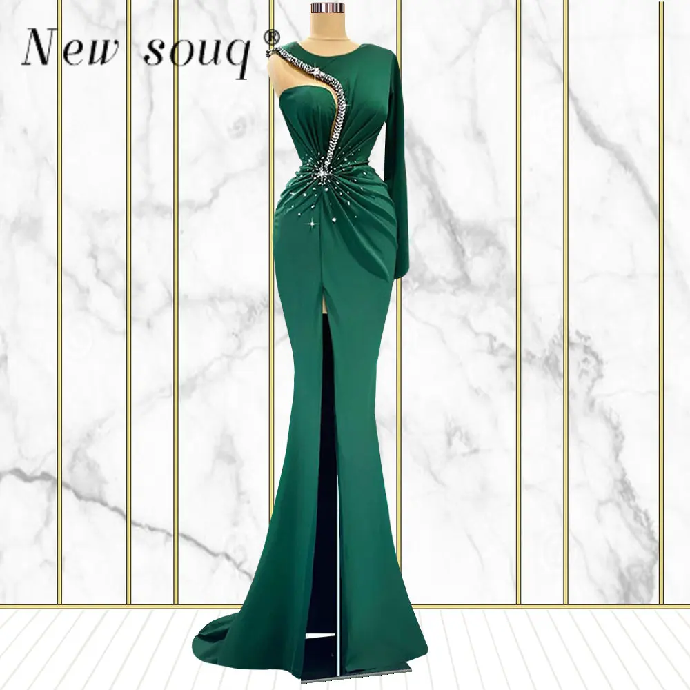 

Elegant Green One Shoulder Long Mermaid Evening Dresses with Slit Satin Pleat Beaded Women Formal Gowns For Party And Wedding