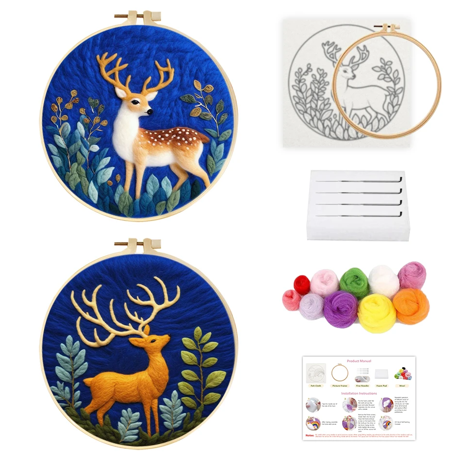 

SDOYUNO-Wool Felt Painting Deer Felting Kits For Beginners Wall Art Picture Handicraft Handiwork Art Cross Stitch Gifts Wall Art
