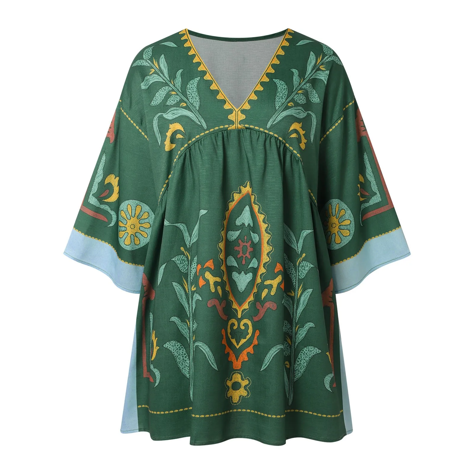 Robe d'été style Boho pour femmes, col en V, t-shirt court, imprimé floral, nuisette, vert, ligne A, mini, vêtements de plage, Y2k