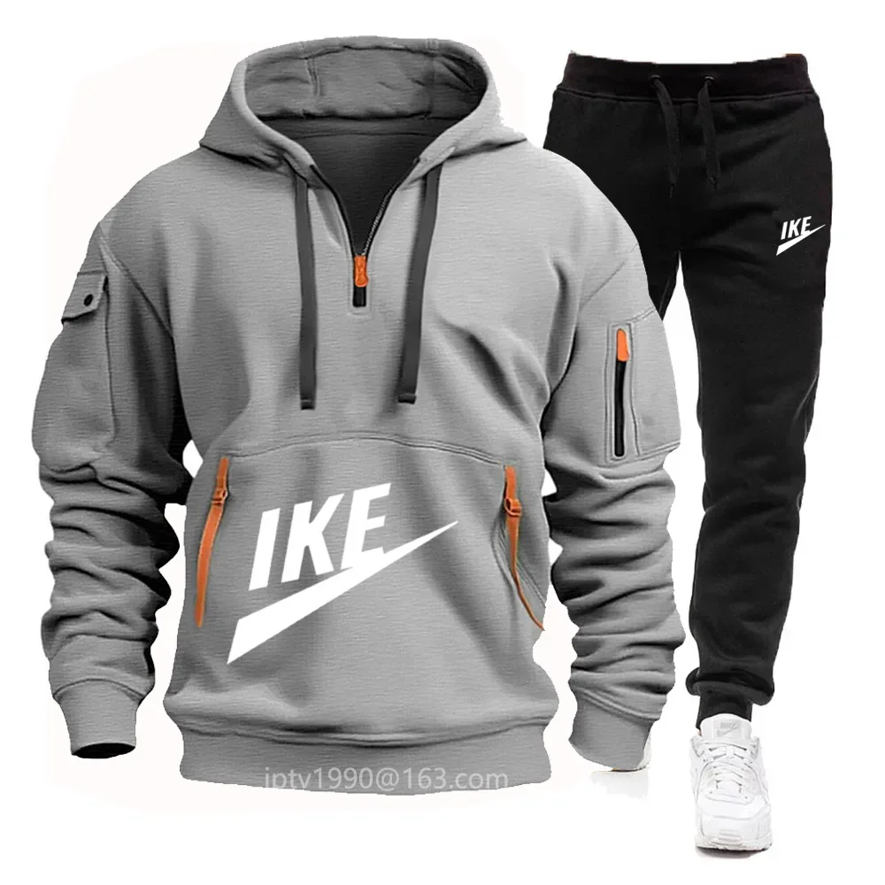 2024 Spring and autumn men\'s new multi-pocket zipper hoodie + casual sports pants two-piece jogging winter sports suit