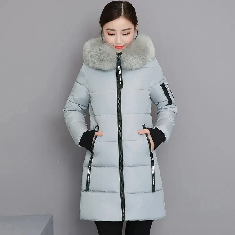 2024 New Winter Coat Women\'s Jacket Fur Neckline Long Basic Coats Thick Jackets Cotton Padded Outerwear Parkas Female Clothes