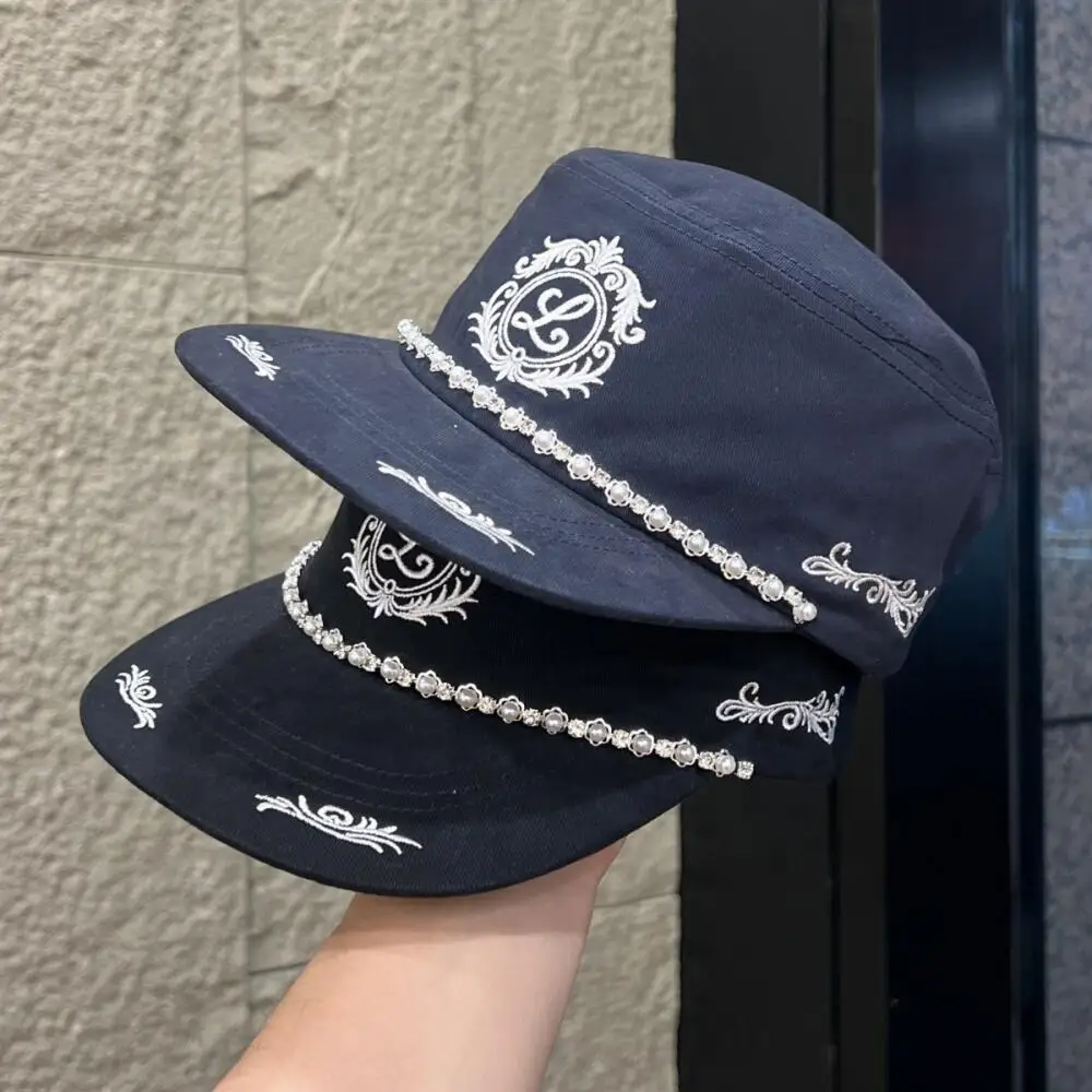 Baseball Cap Flat Brim Vintage Retro Cotton Pearl Rhinestone Embroidery Hat for Men Women Streetwear Camping