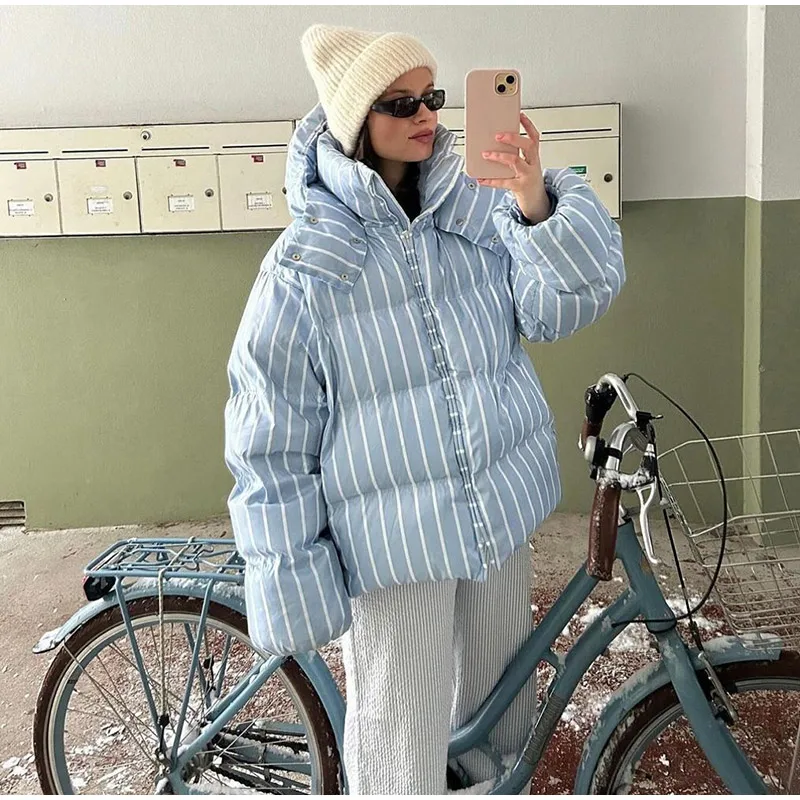 Color-Blocking Stripe Women's Cotton Jacket Zipper Long Sleeve Lace Cuff Stand-Up Collar Female Jacket Loose Casual Coats Ladies