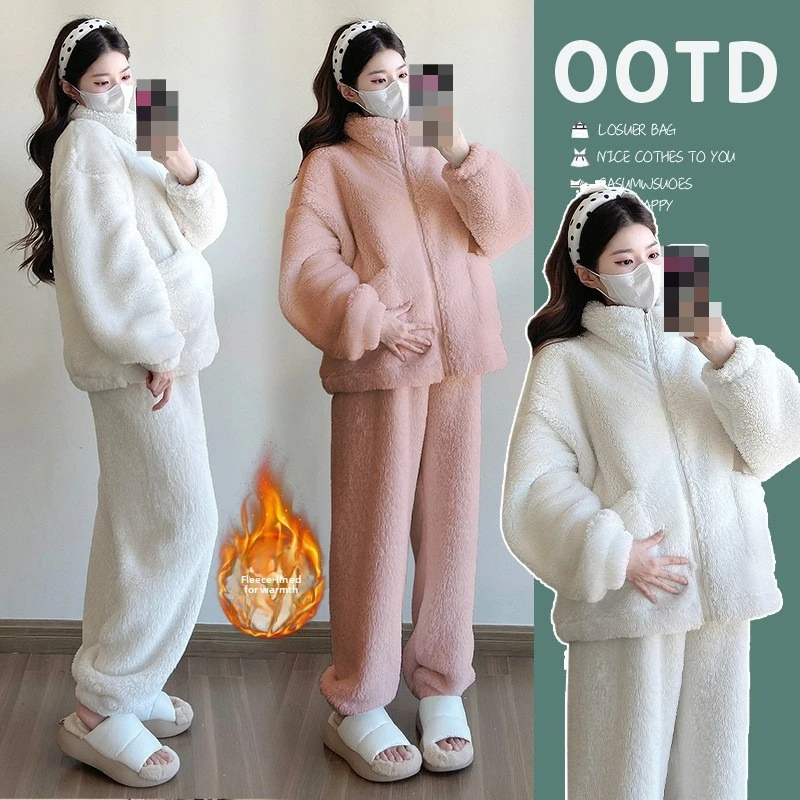 

Disney 2025 Maternity Fleece Loungewear: Coral Flannel Casual Thick Warm Pregnancy Homewear Set