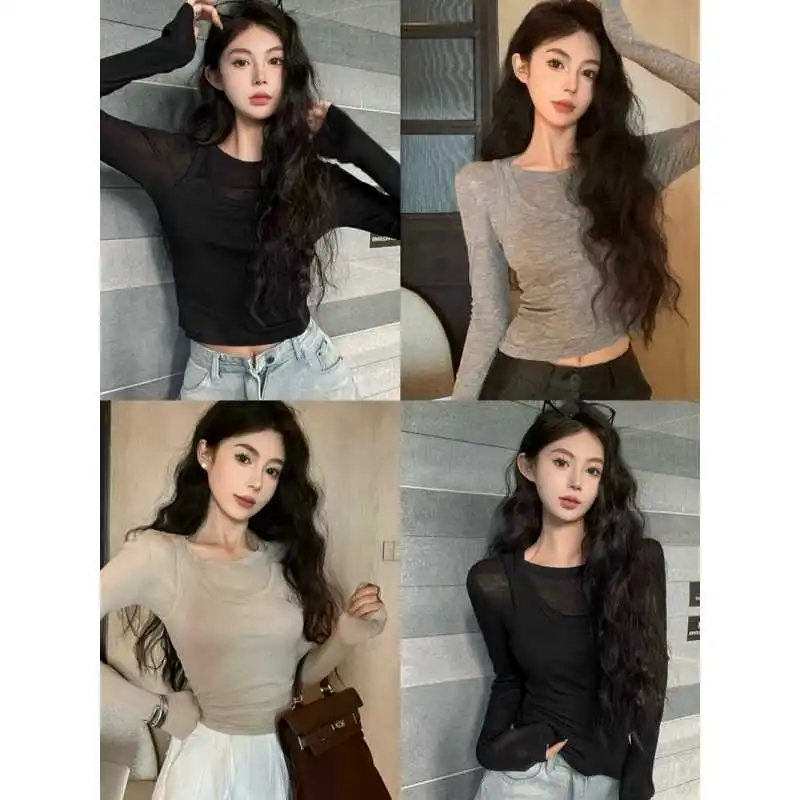 سليم تي شيرت بأكمام طويلة سترة قطعتين مجموعة المرأة قاعدة طبقة ملابس خارجية أعلى الألياف الغنائية محبوك الجولة الرقبة لون نقي