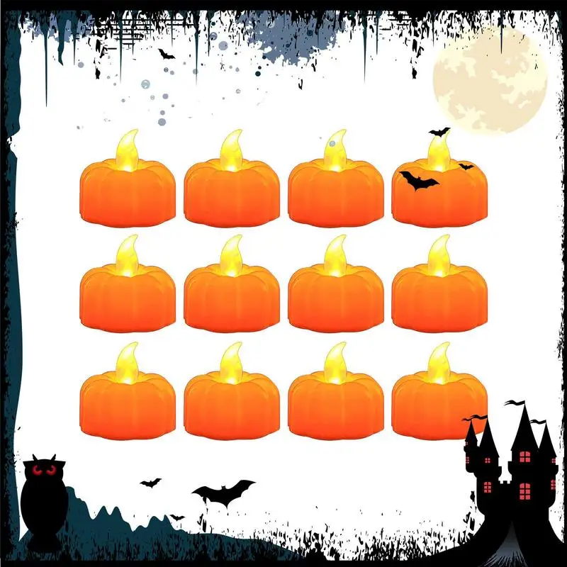 Orange Tea Light Candles 12 Pack Halloween Flameless Candles Waterproof Battery Operated LED Realistic Pumpkin Lights Flickering