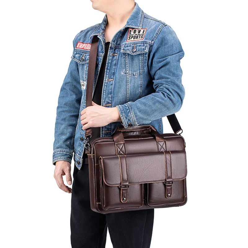 Genuine Leather Briefcase Men's Luxury Vintage Top Layer Cowhide Business Messenger Shoulder 15.6 inch Laptop Portable Bag