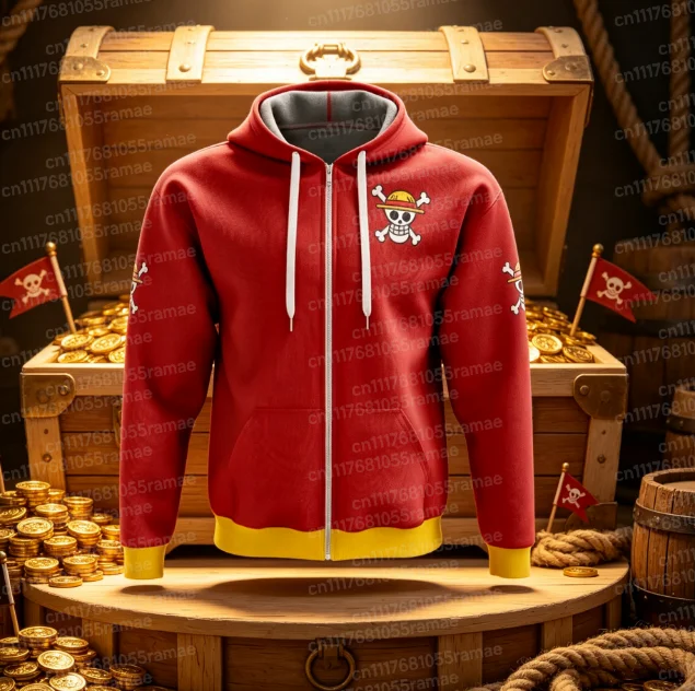 Neuer Oversized One Piece Luffy Anime Kapuzenpullover mit Reißverschluss für Herren und Damen, Streetwear, lässige Pulloverjacke, Langarm, Herbst – Detail 3