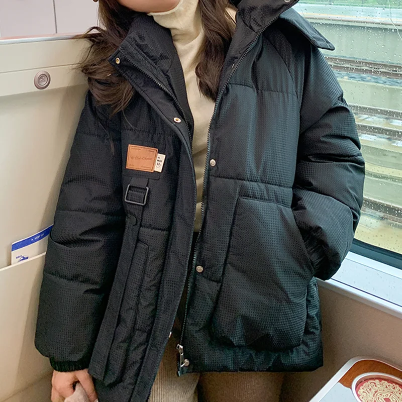 Women\'s Winter High Collar Long Sleeve Hooded Pike Cotton Jacket 2000s Japanese Street Clothing College Emo Jacket 2024 Clothes