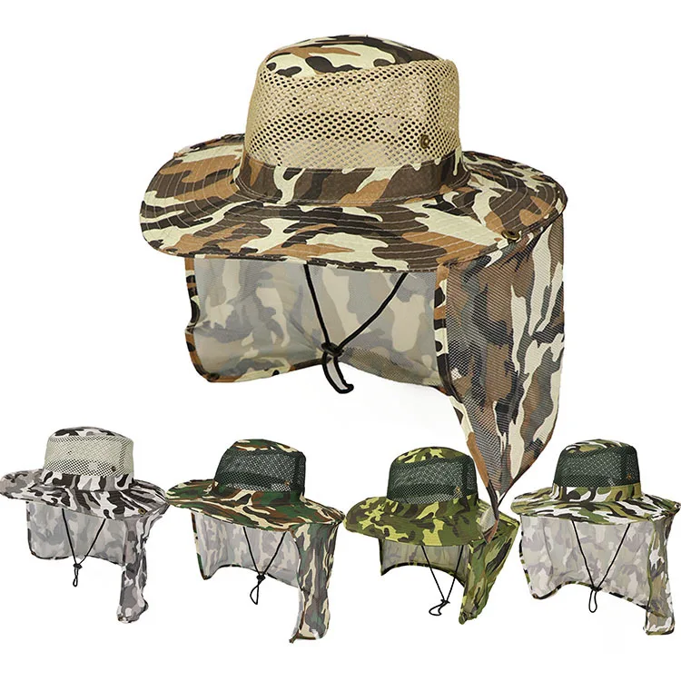 

Windproof Men Outdoor Hat Wide Brim Quick Drying Fishingmen Cap Men Camping Hat Camouflage Jungle Hat Anti-UV Strap Hollow Out