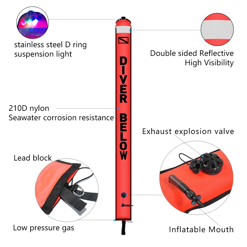 Scuba Diving 1.2m 1.5m 1.8m Buoy Colorful Visibility Safety Inflatable Smb Safety Sausage Float Set Aluminum Spool Finger Reel