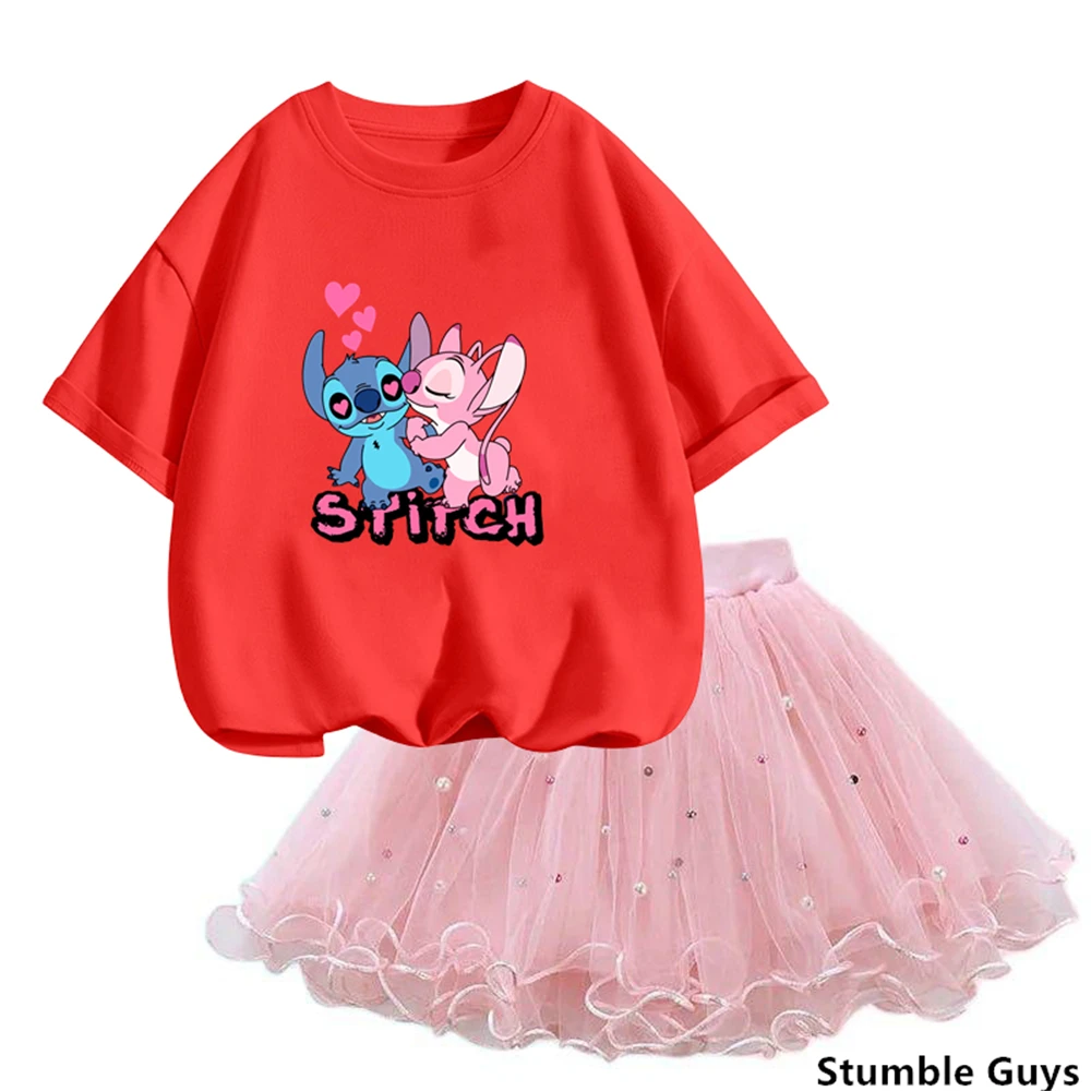 Kids Stitch Clothes Flower Flamingo T Shirt & Tutu Mesh Skirt Two Piece Pretty Korean Little Girls Clothing Set Fashion Outfits