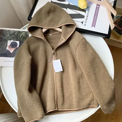 Women's Hooded Lamb Wool Jackets Autumn Winter Solid Color Loose Warm Overcoat 2024 New Simple Long Sleeved Zipper Outer Wear