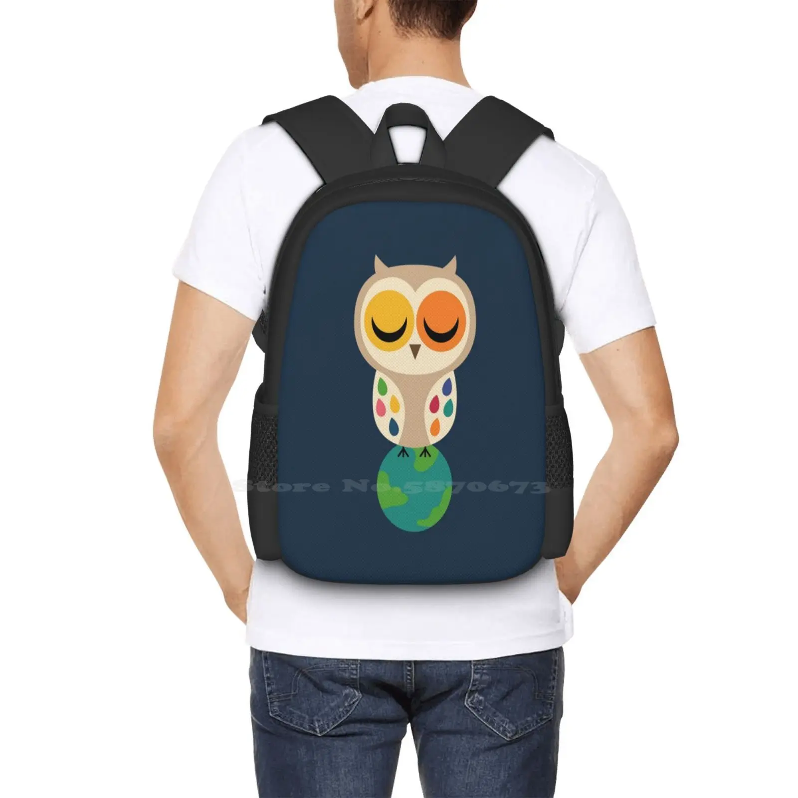 Owl Spirit Teen College Student Backpack Pattern Design Bags Owl Spirit Positive Day Night Earth Sun Moon Animals Cute Happy