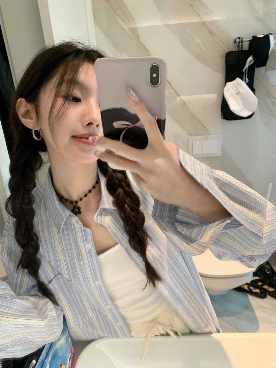 

Женская свободная рубашка с полосками для похудения, с защитой от солнца, весна-лето, в корейском стиле, с длинным рукавом и воротником