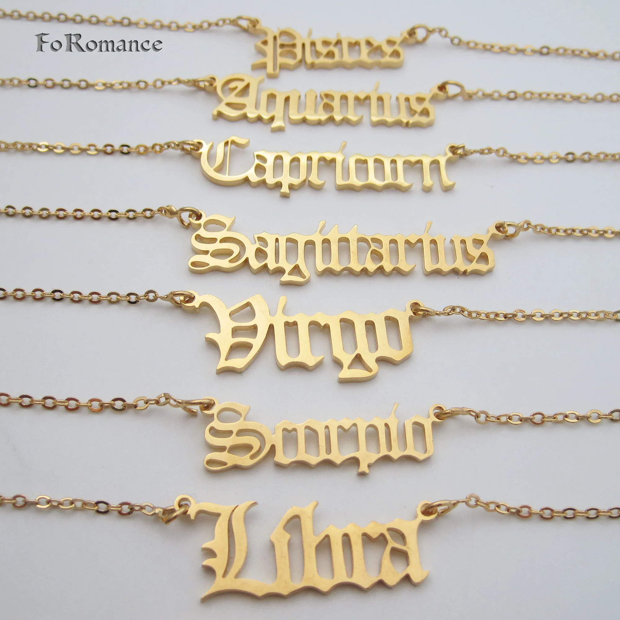 YELLOW GOLD PLATED 45CM PLUS 5CM O SHAPE CHAIN AND 12 CONSTELLATIONS Aquarius Pisces Taurus Leo Scorpio Libra WORDS PENDANT