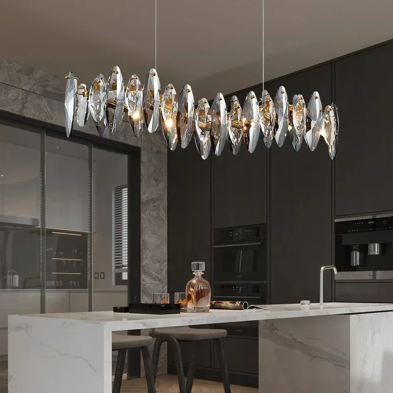 

Modern Design K9 Crystal Strip Chandelier Pendant Lamp Ceiling Light Dimmable Adjustable Chain for Living Room Kitchen island
