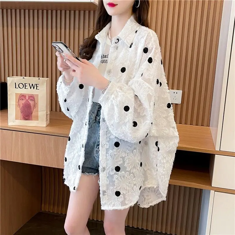 

Spring Women's Blouse Sunscreen Long Sleeves Shirt Loose Casual Turn Down Collar Summer Print Dot Ladies 2024 Blouse R35