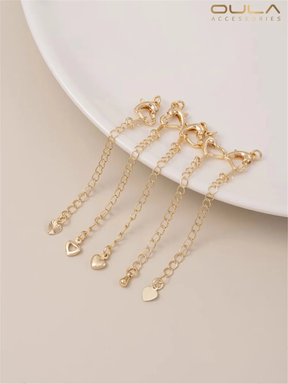 14K Gold Heart Shaped Extension Chain with Lobster Buckle Hanging Water Drop & Peach Heart Love Tail for DIY Bracelet Or Necklac