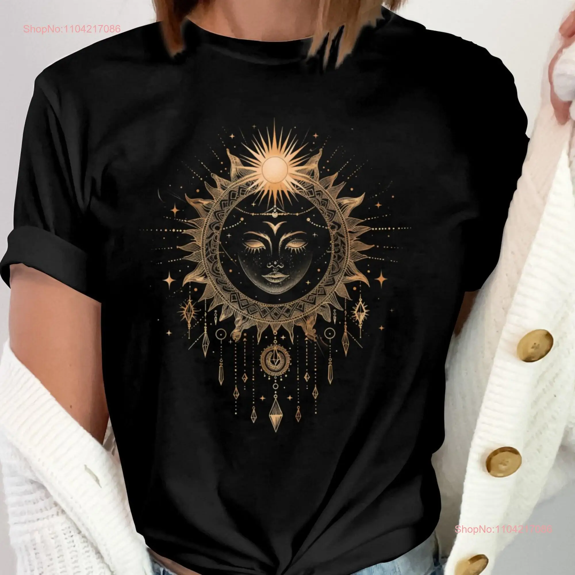 Sun and Moon Face Art T Shirt Celestial Design Boho Mandala Mystical Astral Spiritual Chakra SweaT  long or short sleeves