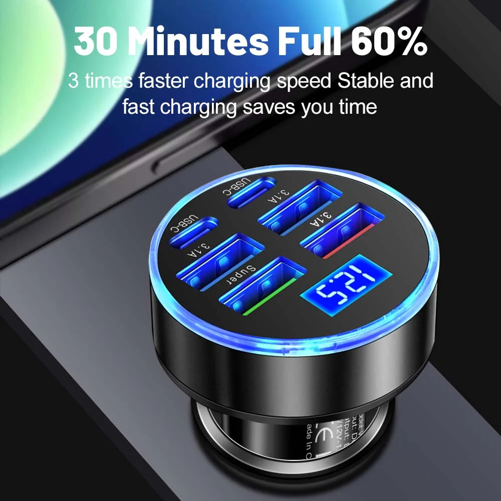 100W 6/8 Ports Car Charger Fast Charging PD QC3.0 USB C Car Phone Charger Type C Adapter in Car For iPhone Samsung Huawei Xiaomi