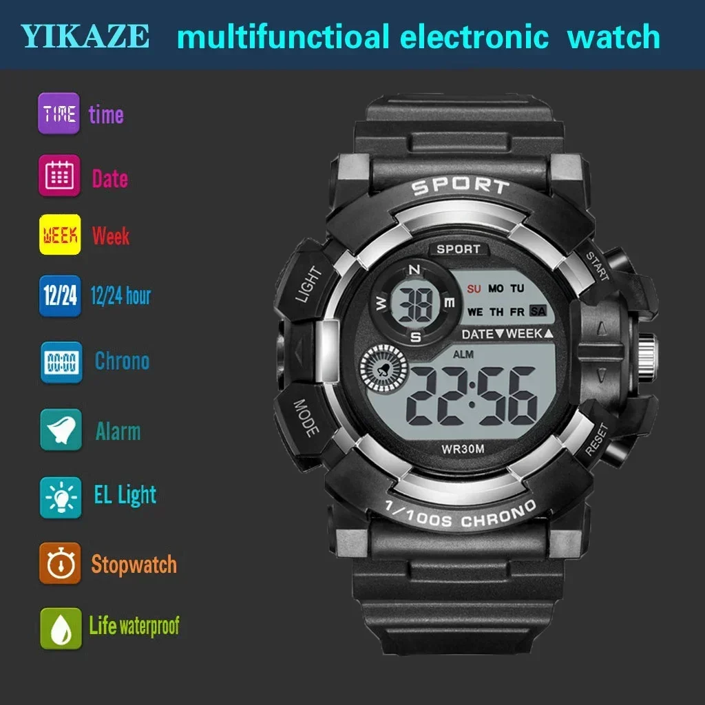 YIKAZE Fashion Sports Watches for kids Men and Women LED Digital Watch Waterproof Luminous Alarm Clock Electronic Wristwatch