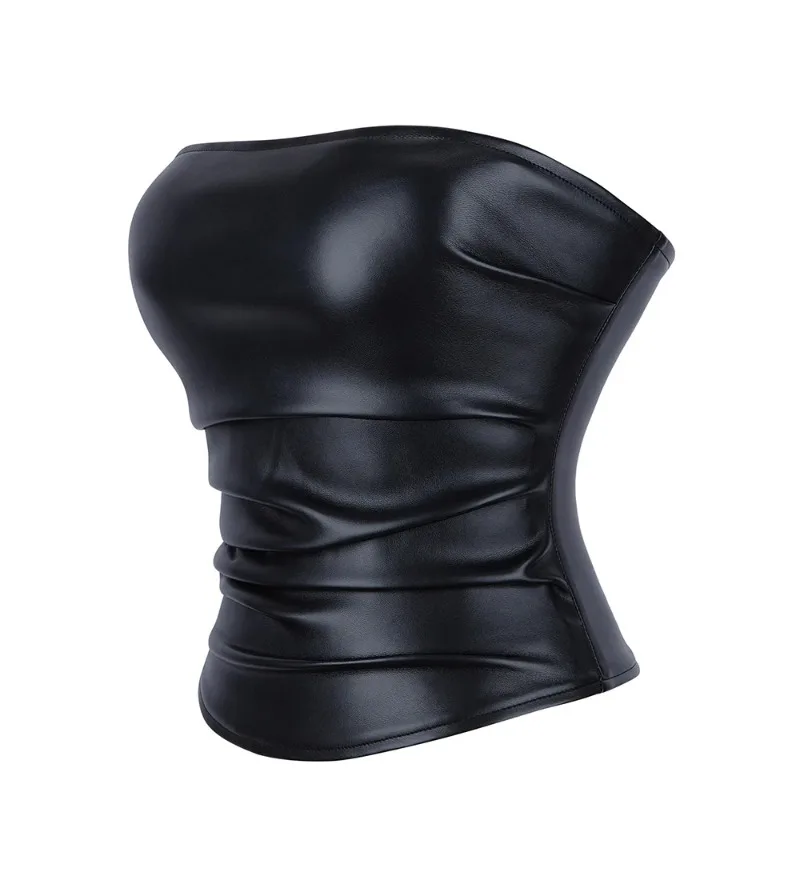 Immagine 4: Sexy corsetto in pelle PU nera Crop Top Abbigliamento donna Estate Casual Top a tubo senza schienale Donna Club Party Canotta corta