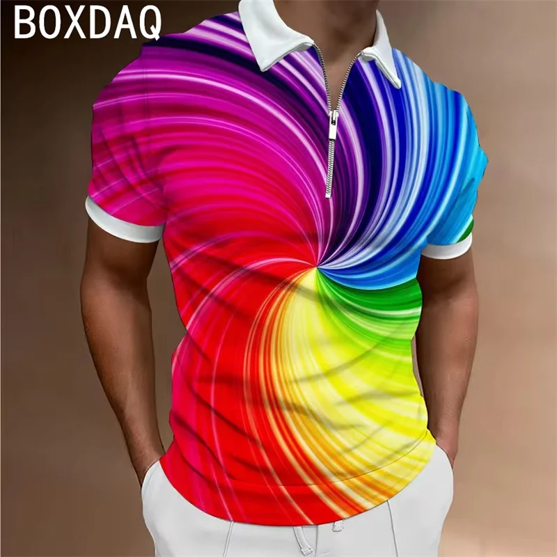 

Красочная рубашка поло с градиентным принтом, мужская одежда для гольфа, рубашка с коротким рукавом, большой размер, летние мужские повседневные поло с отложным воротником на молнии